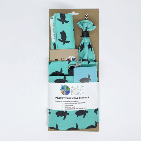 Sea Turtle Planet Friendly Gift Set by Wendy Barnes Design. Includes Sea Turtle Reusable Straw Case, Keychain Bag, Sea Turtle Napkin and Sea Turtle Towel to skip paper towels. Plastic free shipping. Eco-friendly gift set. Sea Turtle Gift Set.