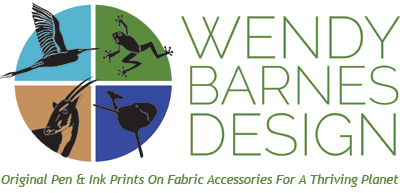 Handmade Accessories for a Thriving Planet - Wendy Barnes Design creates cotton fabrics designed from original pen & ink wildlife artwork by illustrator, Wendy Barnes.  Skip single-use plastic and start the conversation about wildlife conservation.  10% donated to wildlife partner charities.